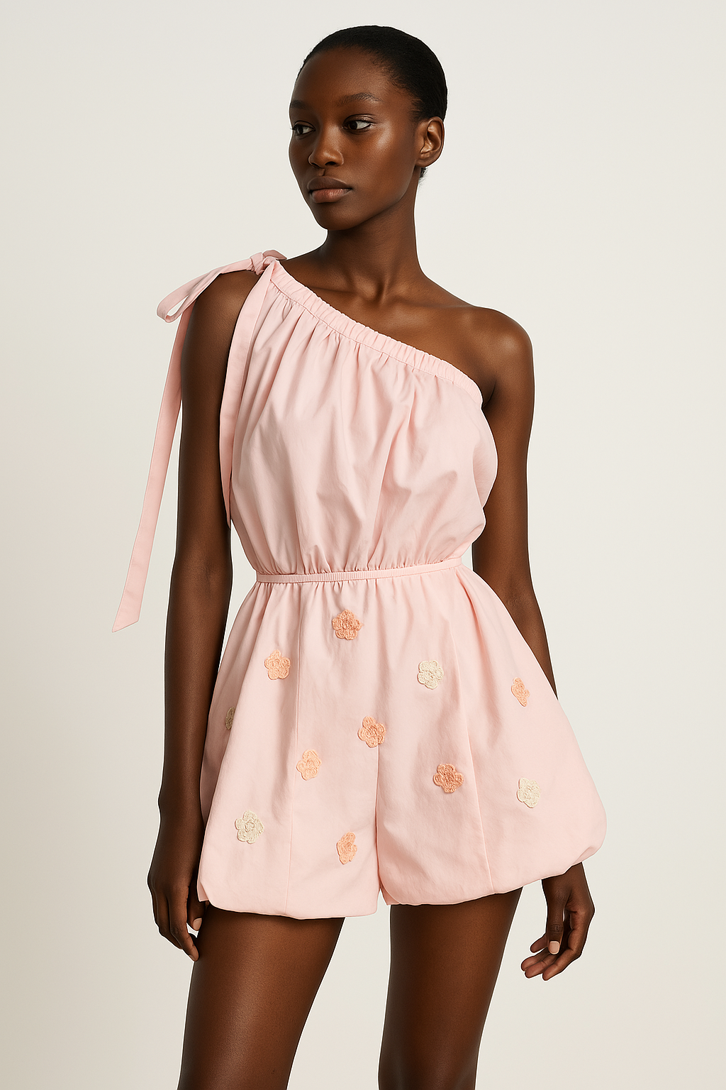 Blush Pink Poplin Romper with Crochet Flowers