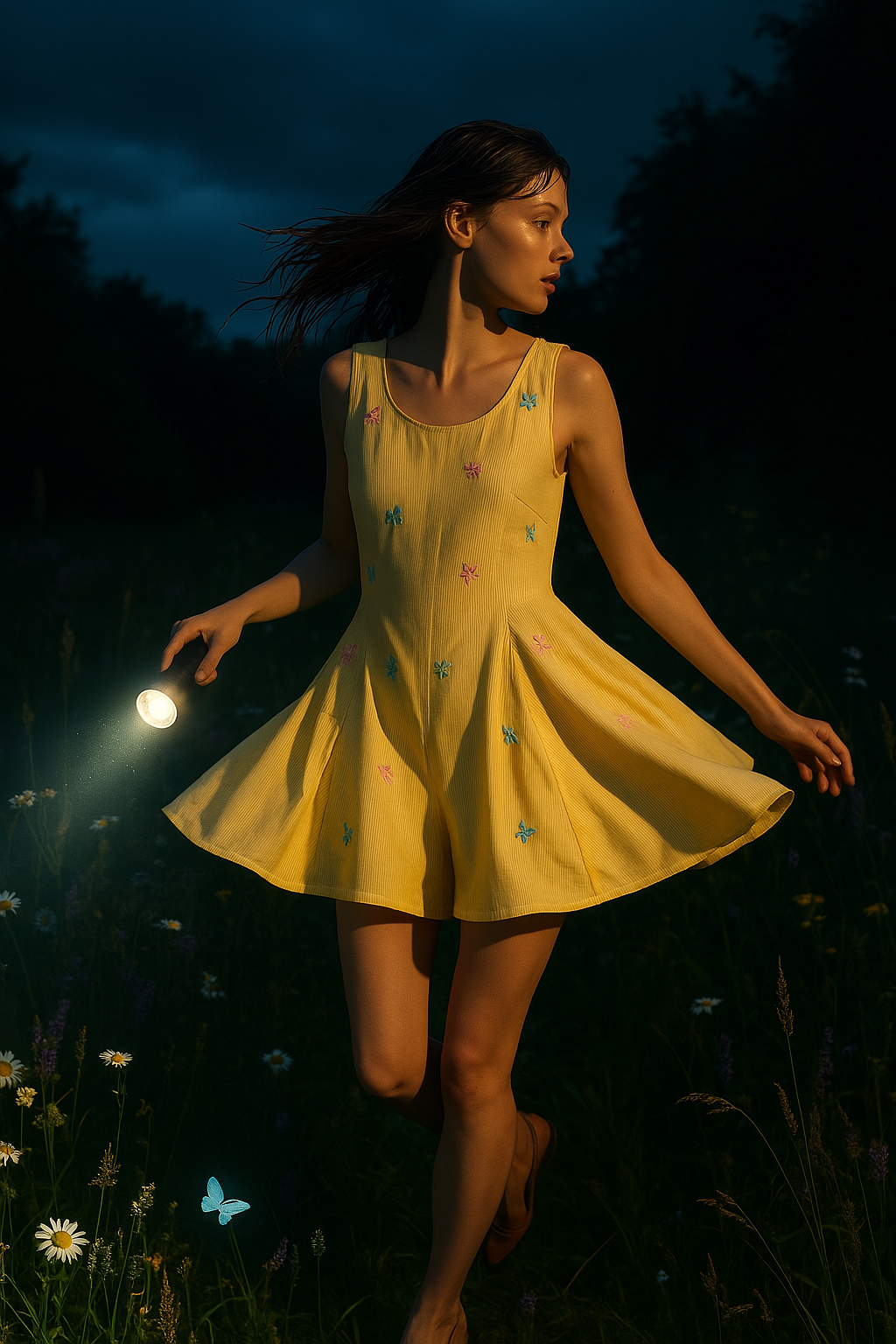 Butter Yellow Butterfly Embroidered Flared Romper