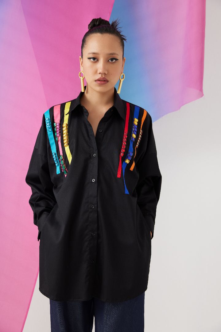 Black Poplin Embroidered Box Shirt