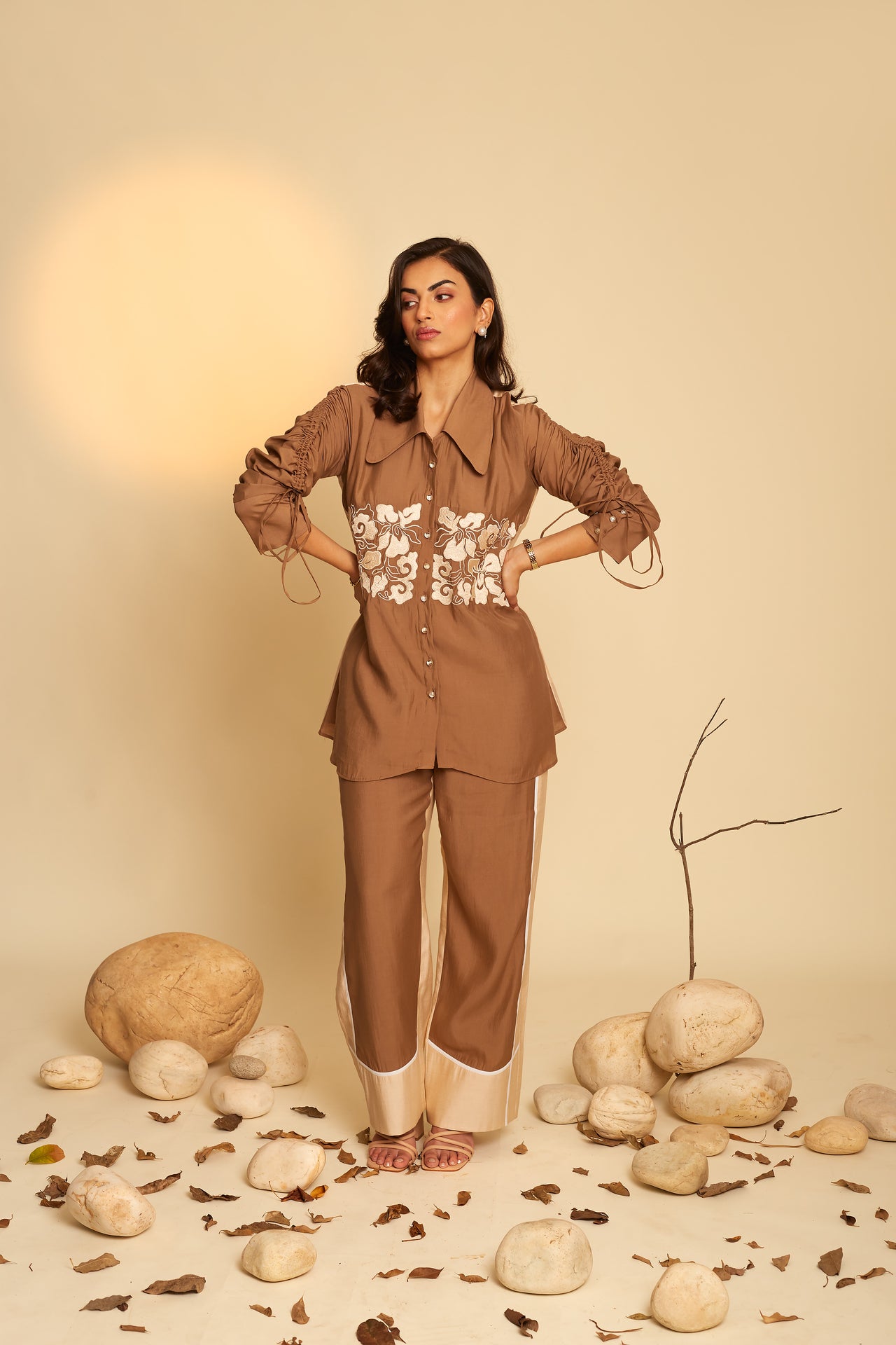 Brown Floral Silk Co-Ord Set