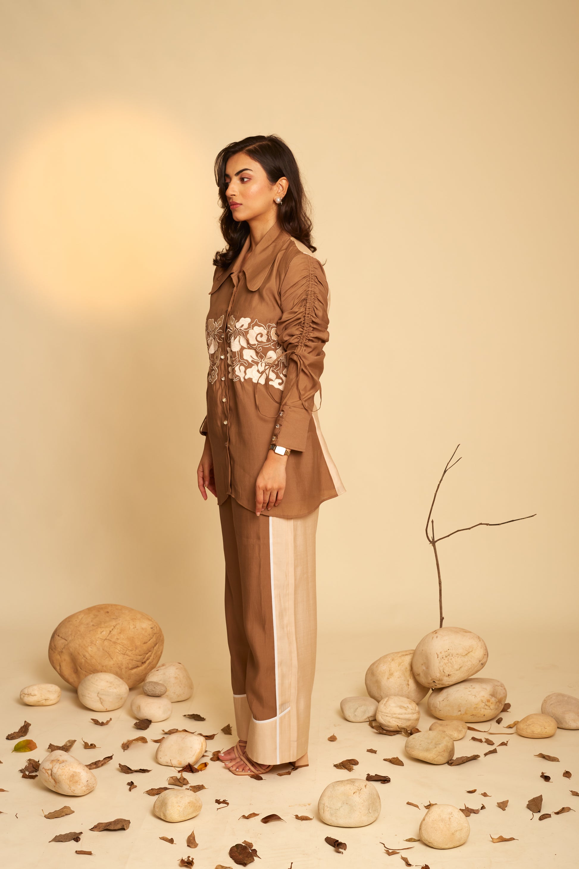 Brown Floral Silk Co-Ord Set 