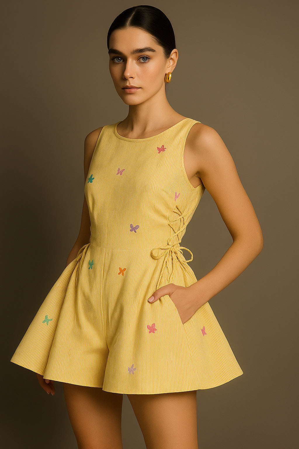 Butter Yellow Butterfly Embroidered Flared Romper