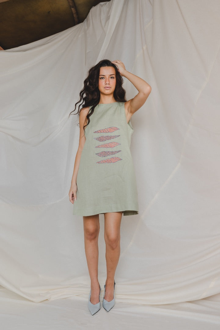 Sage Green Mini Dress | Linen | Summer | Appliqué