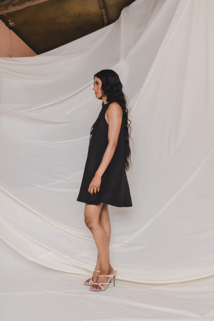 Black Mini Dress | Linen | Summer | Appliqué