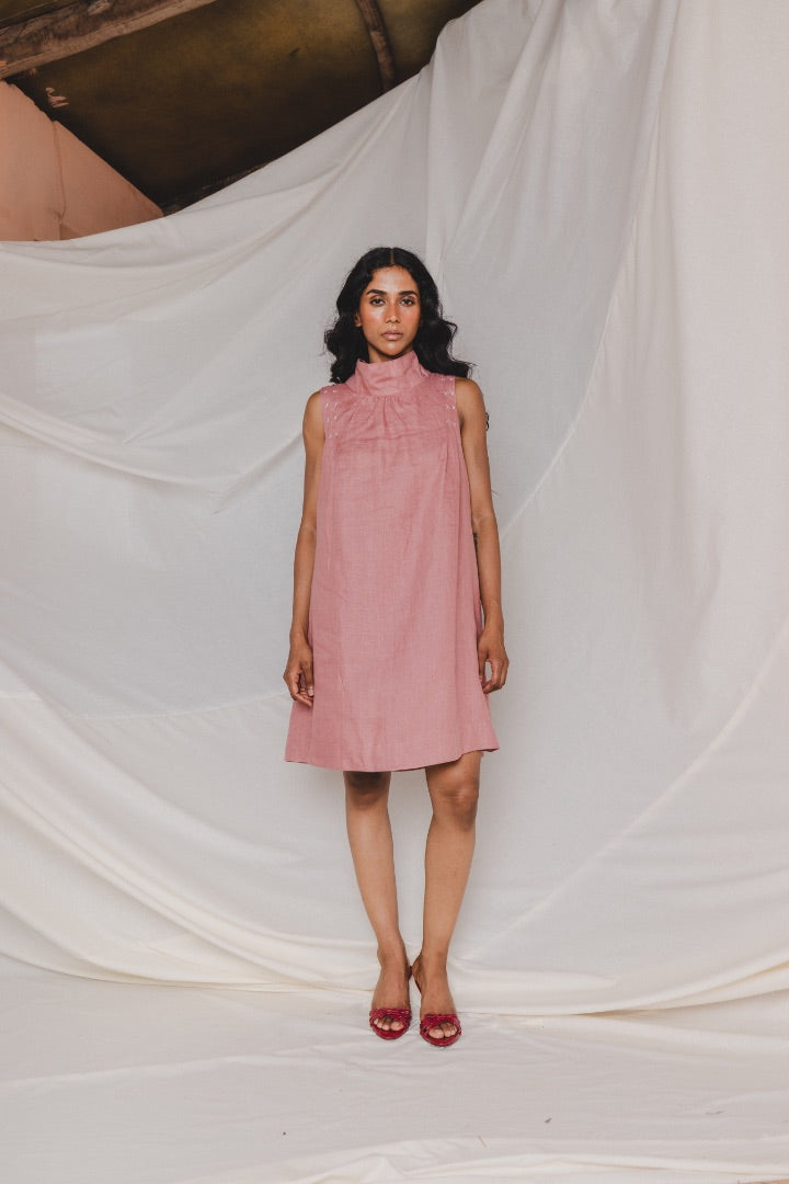 Linen Dress | Carrot Coloured | Tie-up | High neck