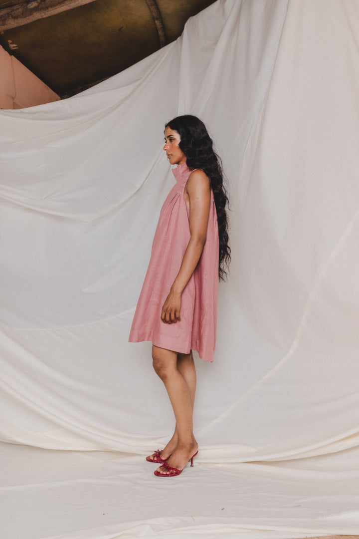 Linen Dress | Carrot Coloured | Tie-up | High neck