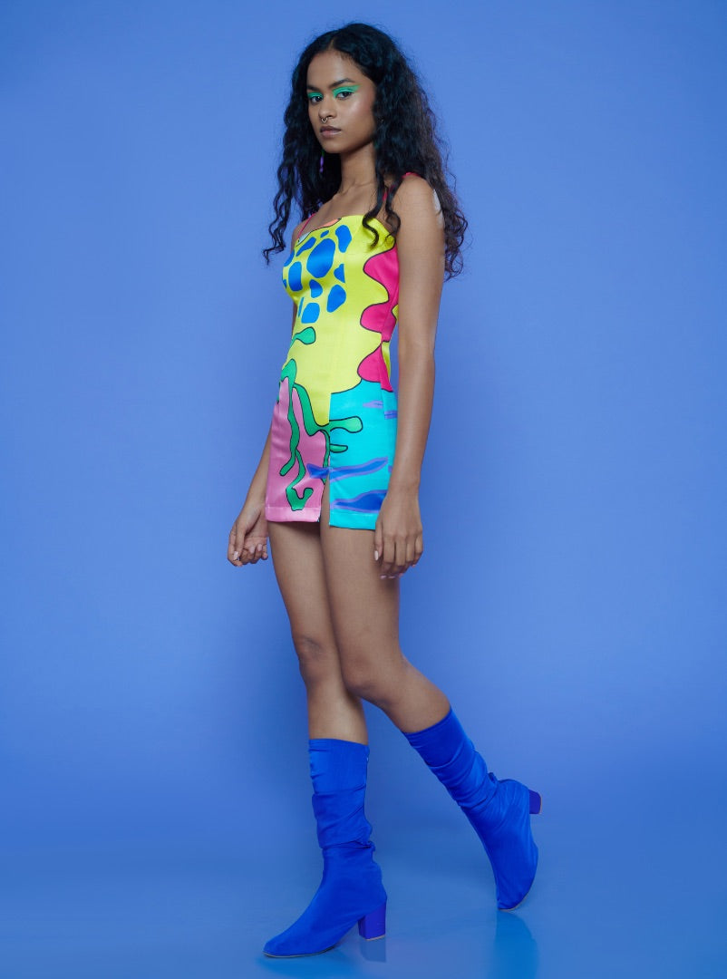 multicolour printed satin mini dress