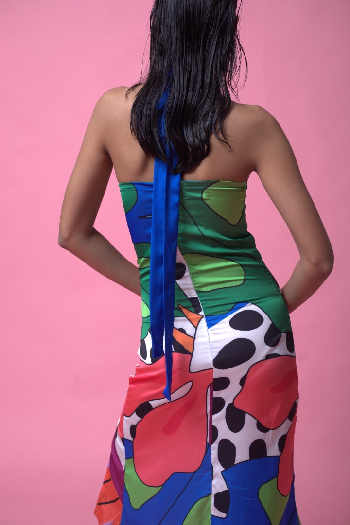  halter-neck satin dress | multicoloured | summer 