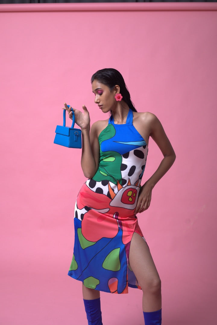  halter-neck satin dress | multicoloured | summer 