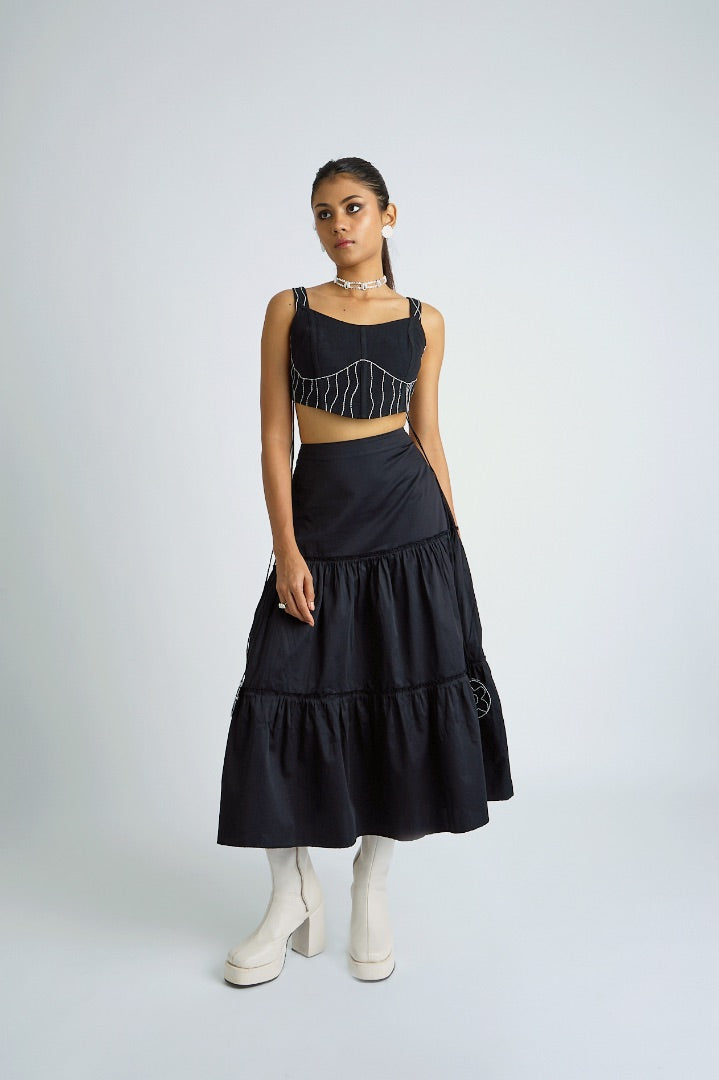 black denim corset with embroidery