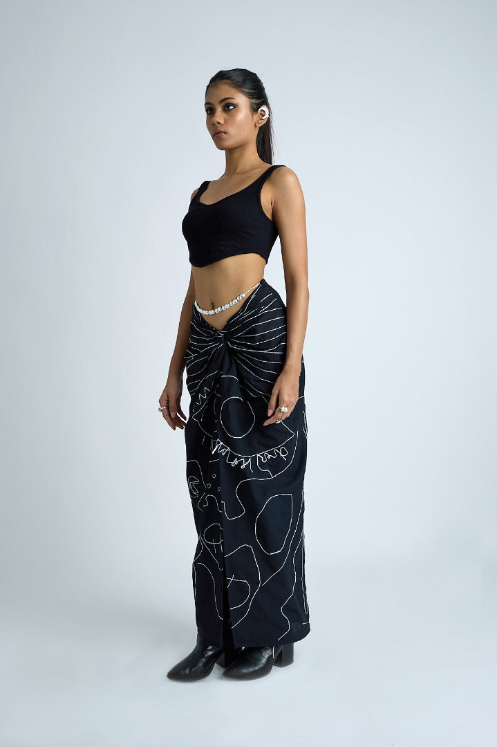 black draped skirt | embroidery | mulmul 