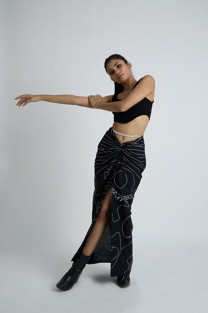 black draped skirt | embroidery | mulmul 