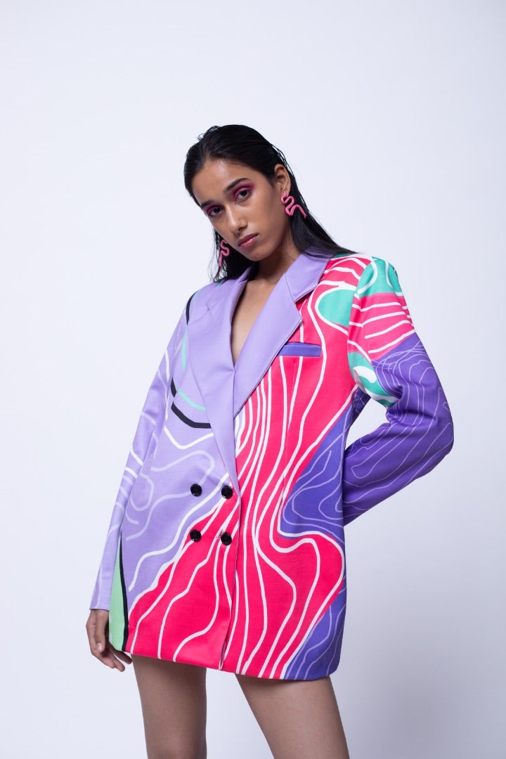 purple | blazer dress | printed