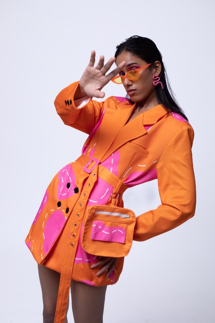 orange blazer dress | printed | polyester