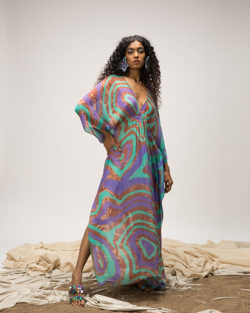 V Neck Kaftan Dress | Ooty Kaftan - Blue | PAIVE