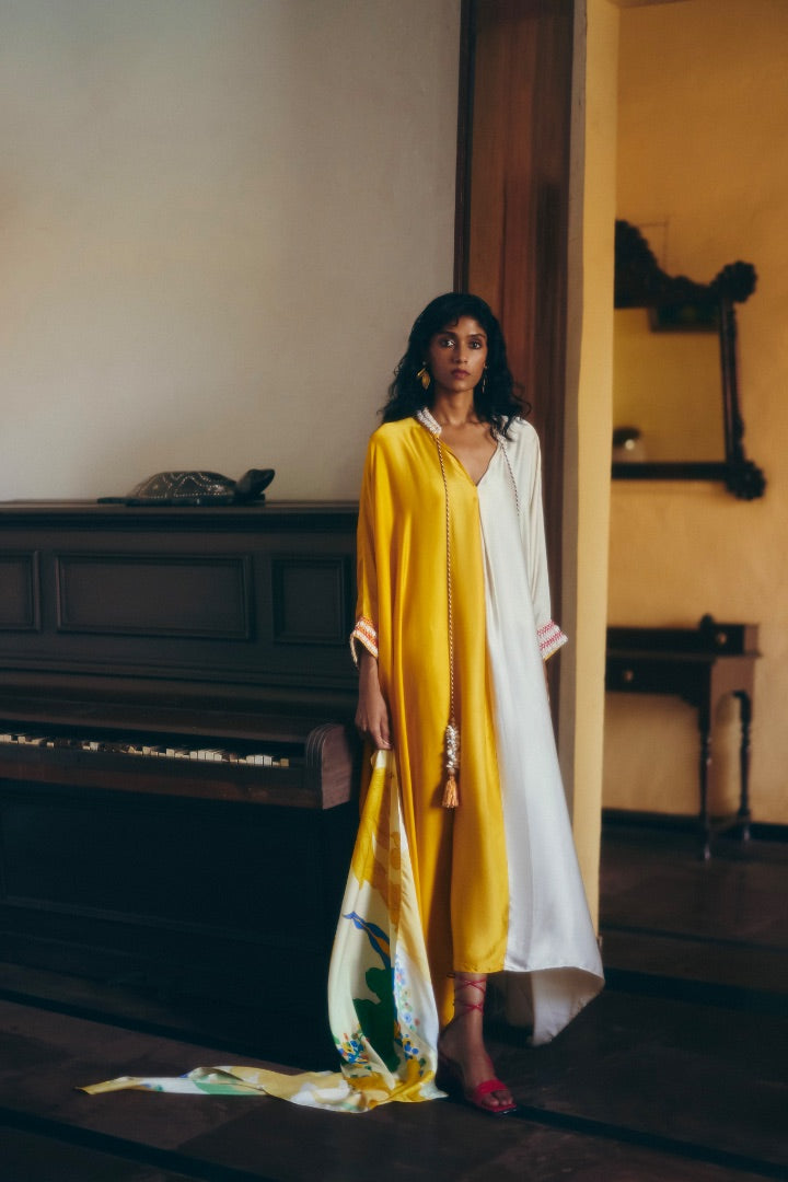 Yellow and Beige High Tide Kimono Kaftan | Vegan Silk | Modest Fashion