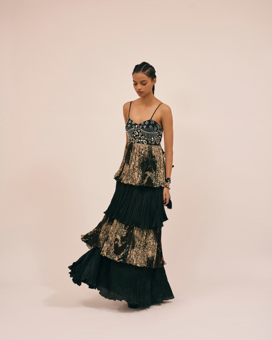 black silk tiered dress | maxi dress \ embroidery