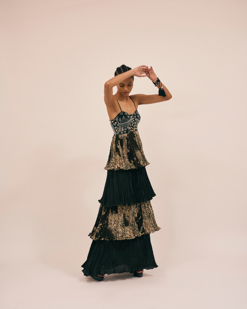 black silk tiered dress | maxi dress \ embroidery