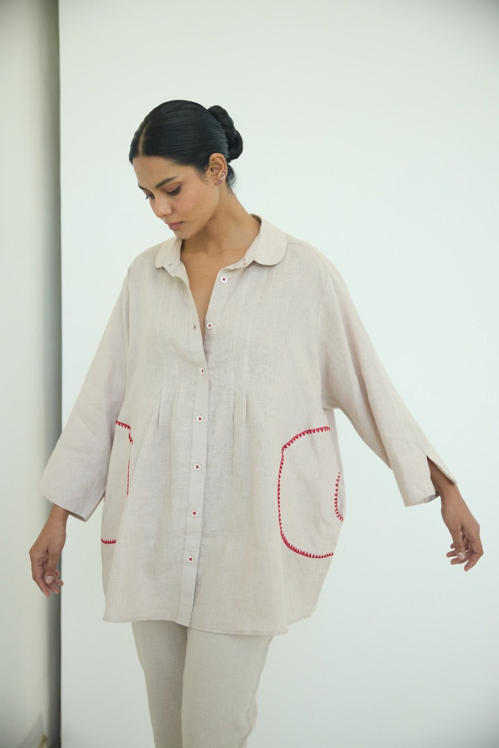 Beige Sari Embroidered Shirt