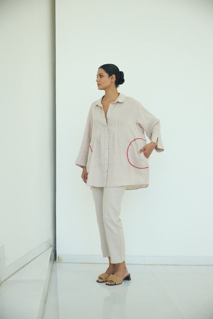 Beige Sari Embroidered Shirt