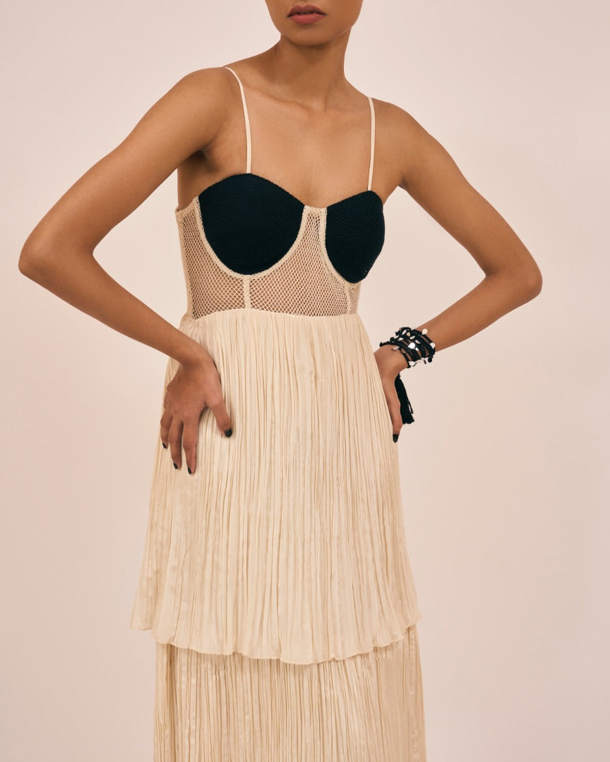 beige silk dress with handmade crochet blouse 