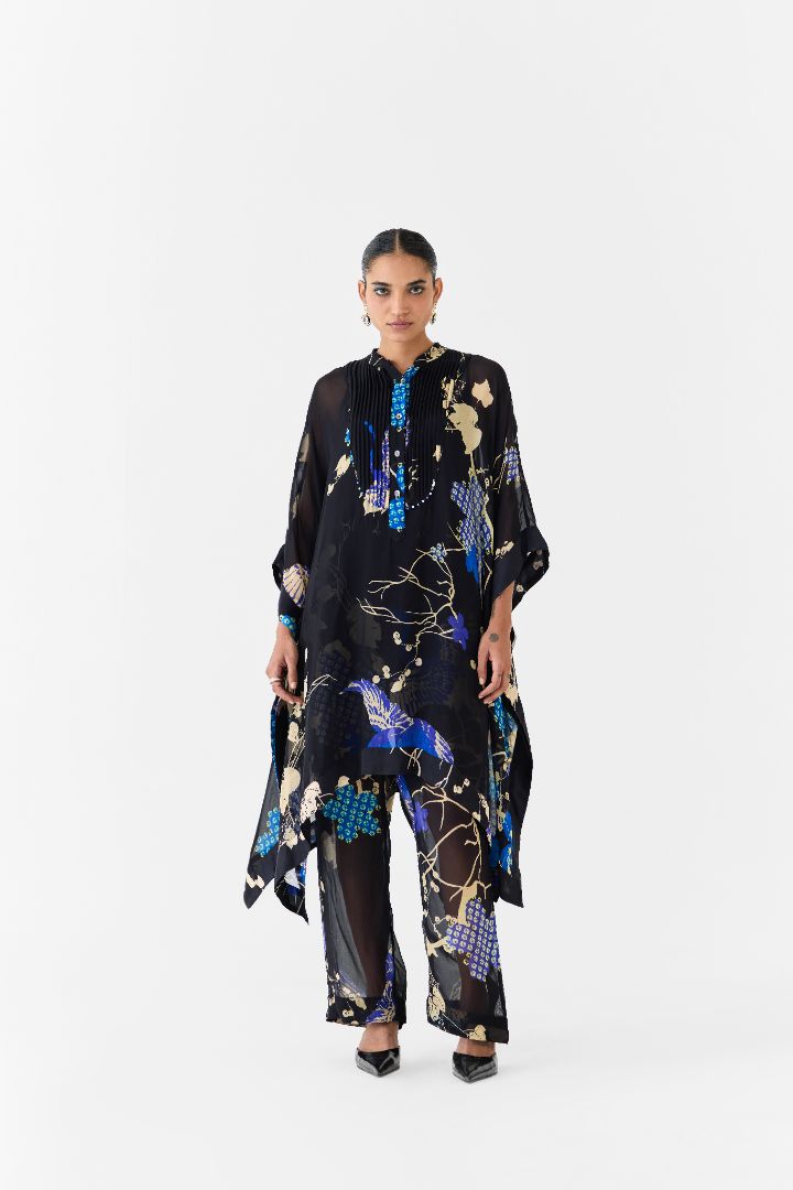 Black Crane Organza Kimono and Pants Co-ord Set