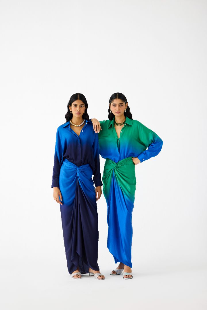 Blue & Green Draped Shirt Dress