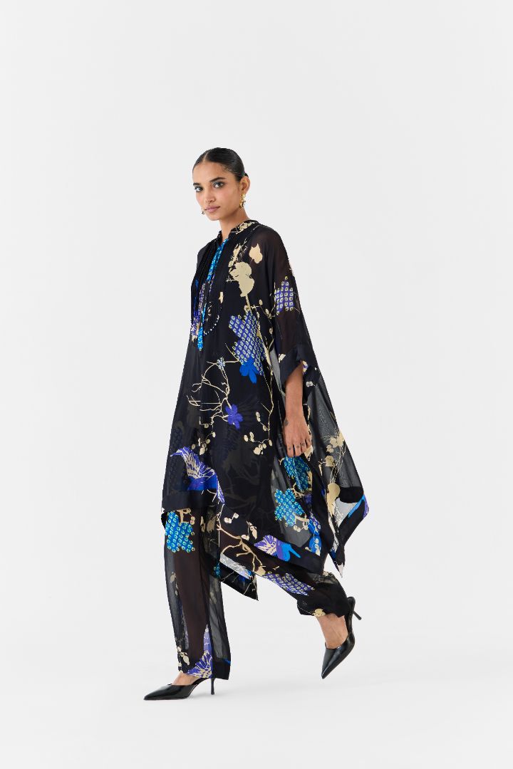 Black Crane Organza Kimono and Pants Co-ord Set
