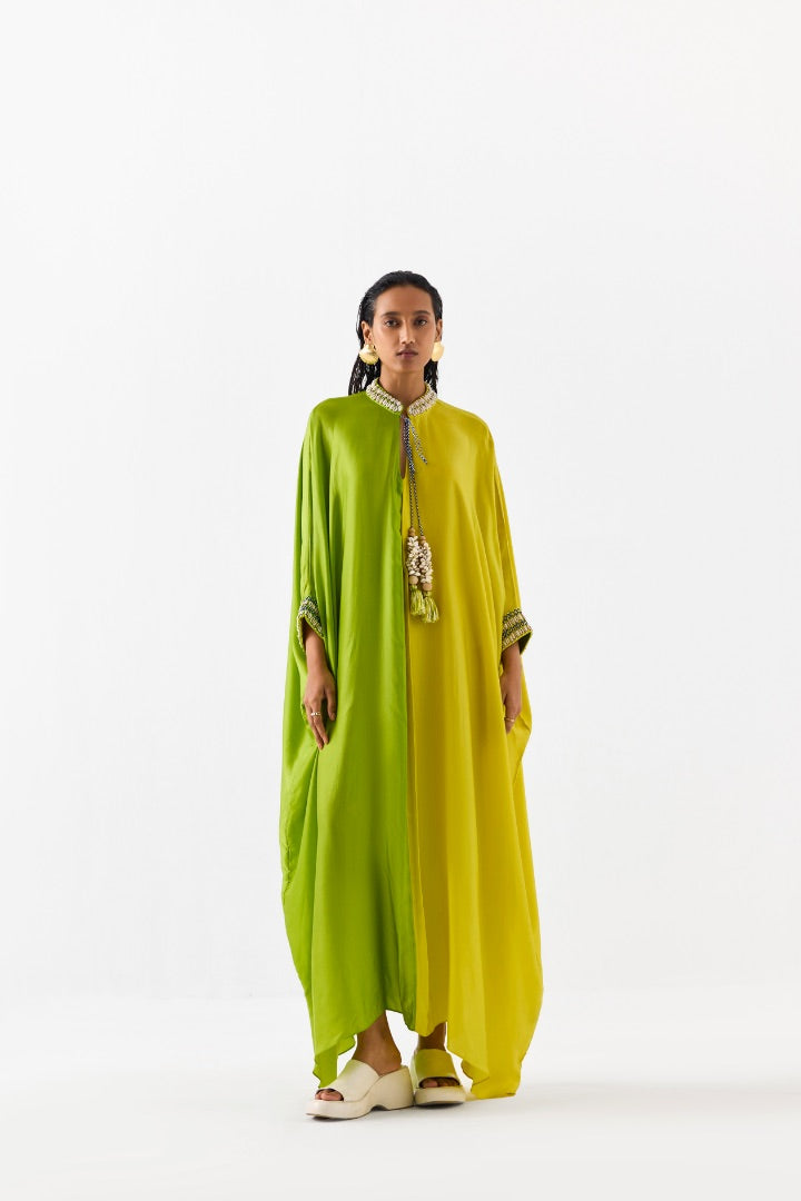 Green and Yellow High Tide Kimono Kaftan | Vegan Silk | Modest Fashion
