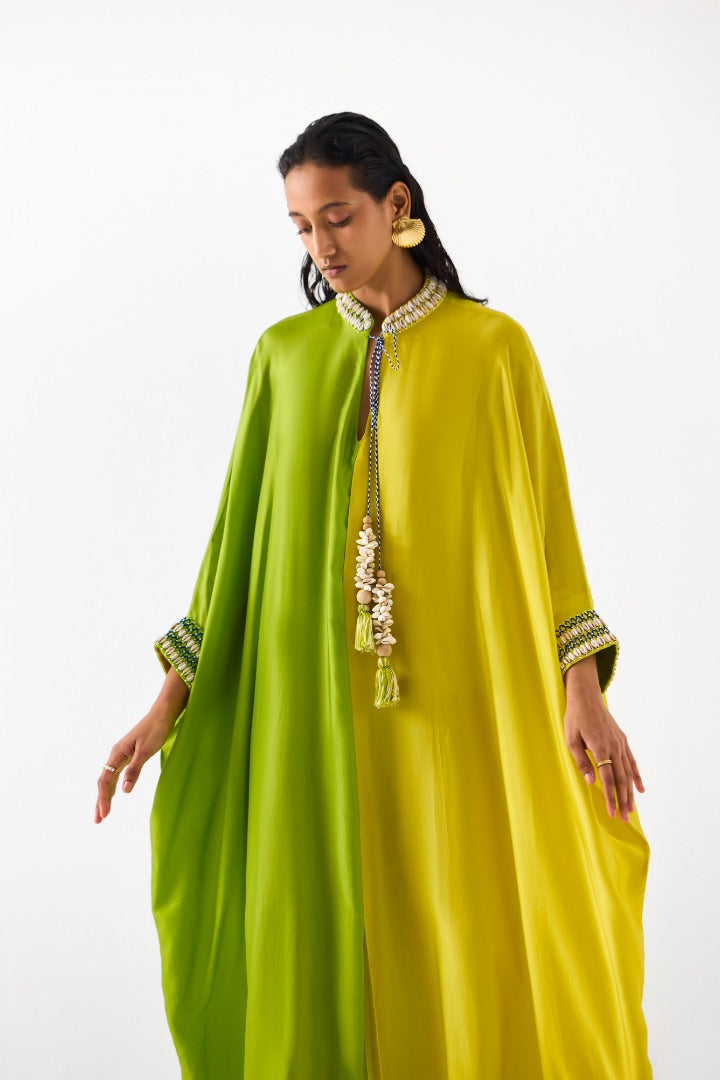 Green and Yellow High Tide Kimono Kaftan | Vegan Silk | Modest Fashion