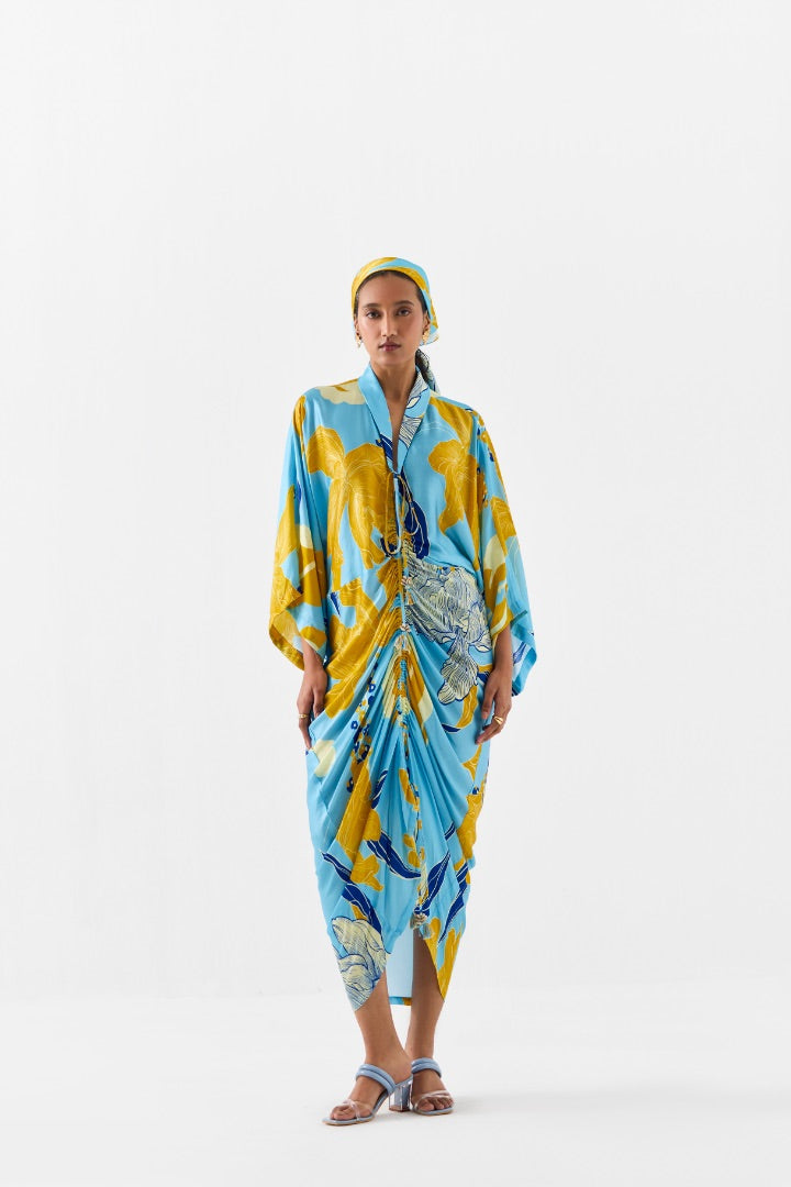 Blue Rose Kaftan Dress \ printed \ silk \ summer \ resort \ travel