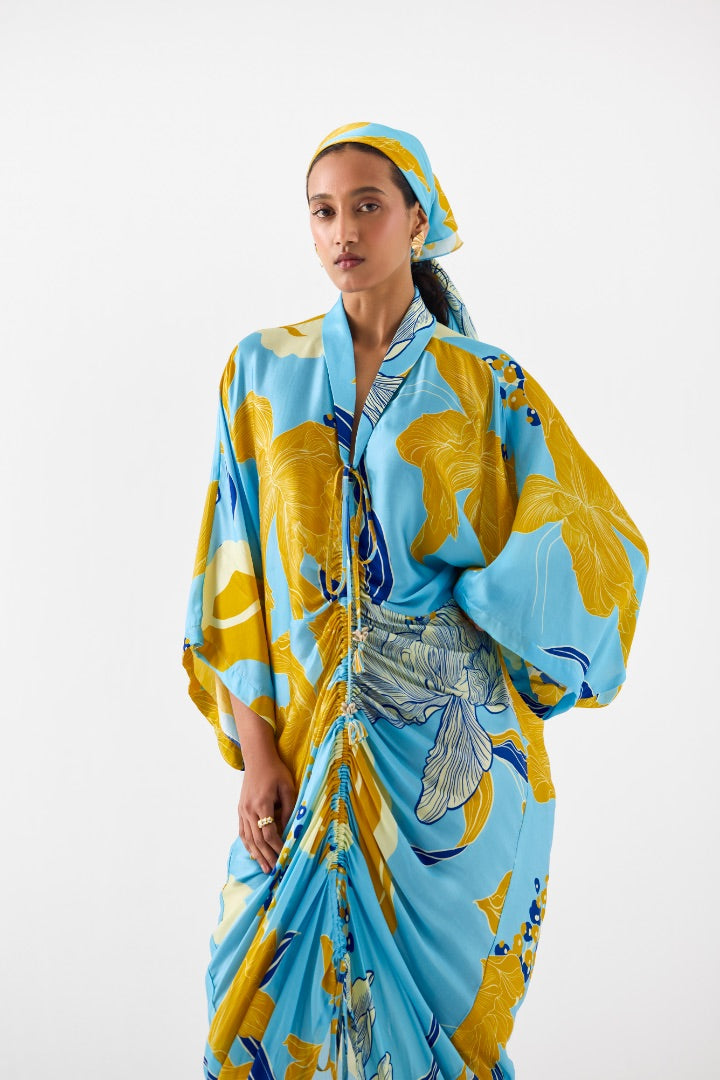 Blue Rose Kaftan Dress \ printed \ silk \ summer \ resort \ travel