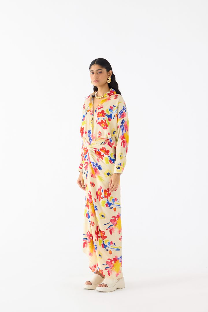 multicoloured printed draped dress