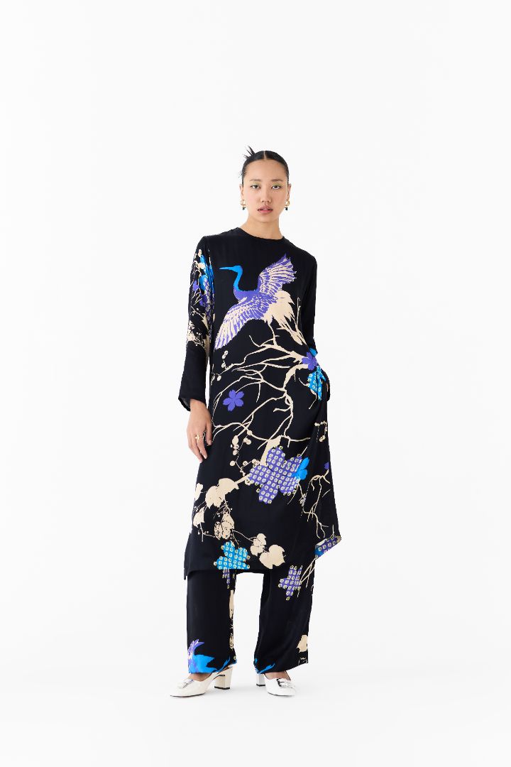 Black Crane Long Top and Pants Co-ord Set