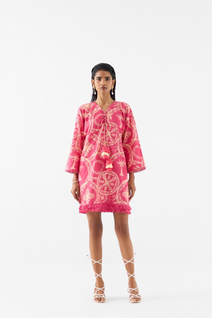Pink Areca Palm Bell Sleeves Dress | Cotton | printed | summer | resort