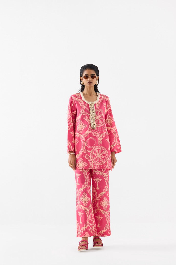 Pink Areca Palm Short Kurta and Pants | modest | printed | cotton | summer