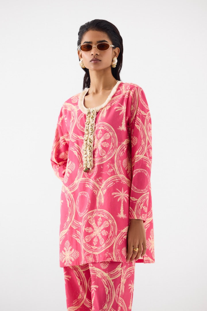 Pink Areca Palm Short Kurta and Pants | modest | printed | cotton | summer