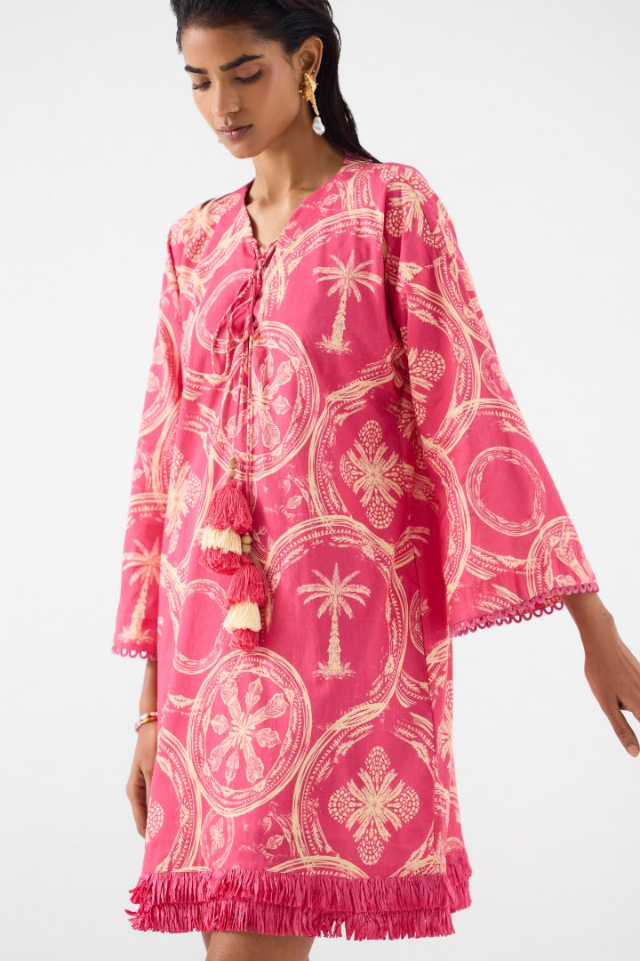 Pink Areca Palm Bell Sleeves Dress | Cotton | printed | summer | resort