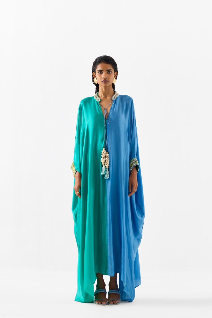 Blue and Sea Green High Tide Kimono Kaftan | Vegan Silk | Modest Fashion