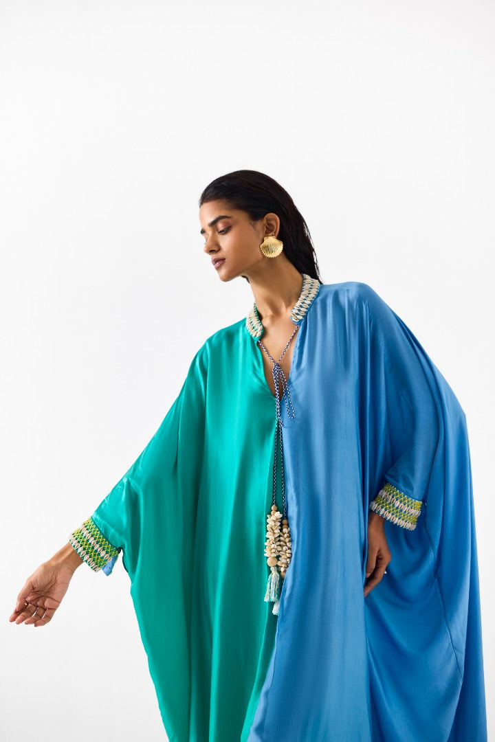 Blue and Sea Green High Tide Kimono Kaftan | Vegan Silk | Modest Fashion