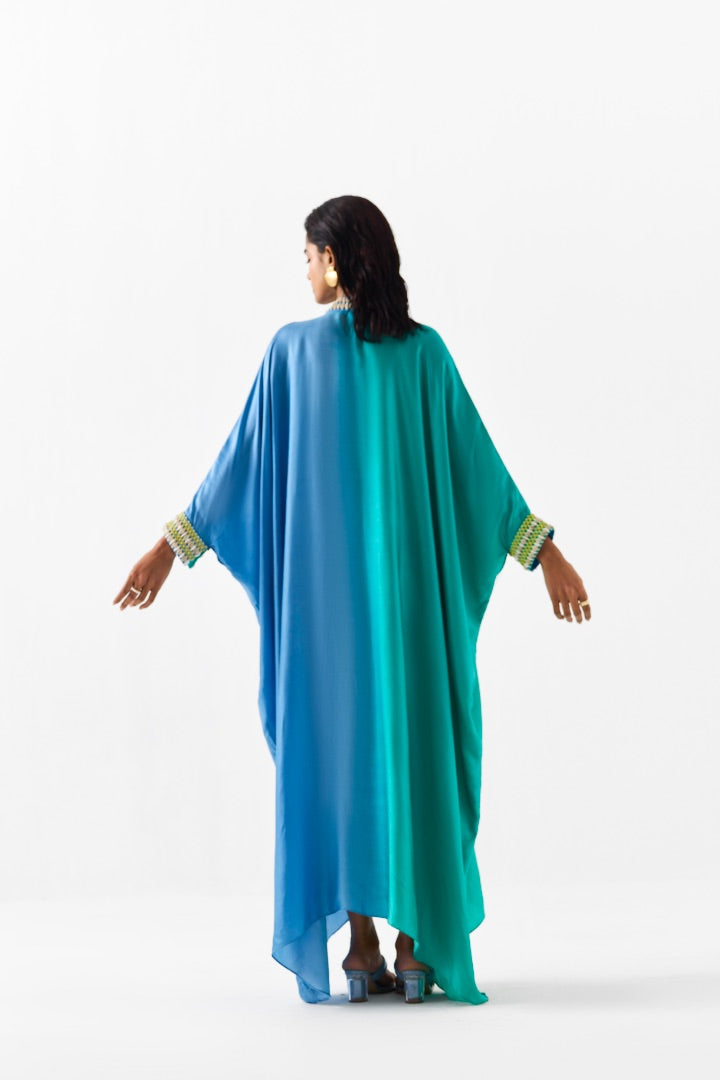 Blue and Sea Green High Tide Kimono Kaftan | Vegan Silk | Modest Fashion