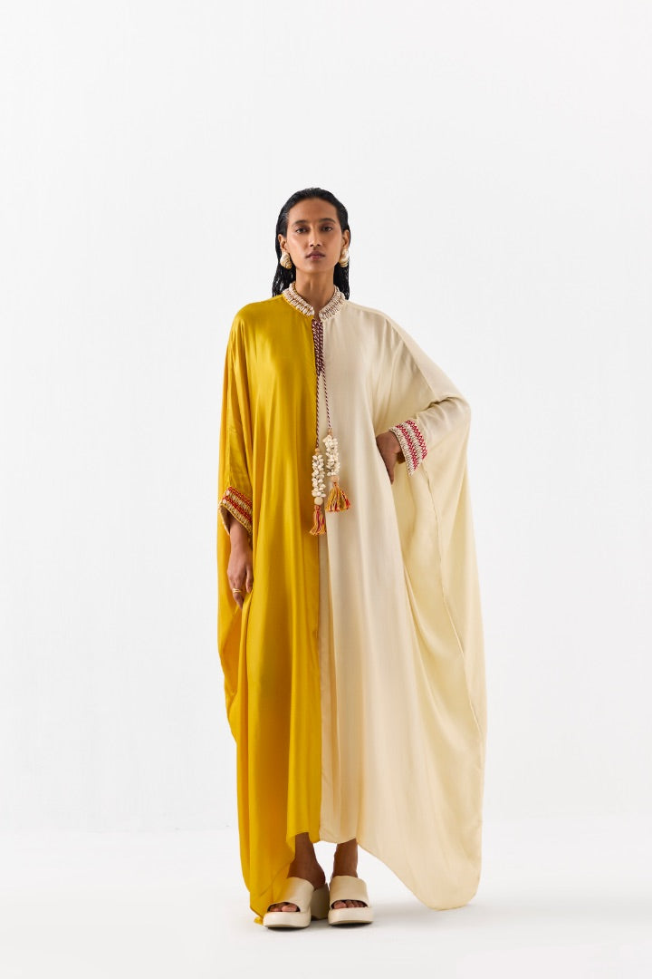 Yellow and Beige High Tide Kimono Kaftan | Vegan Silk | Modest Fashion