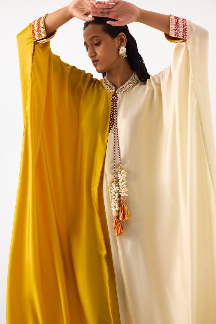 Yellow and Beige High Tide Kimono Kaftan | Vegan Silk | Modest Fashion
