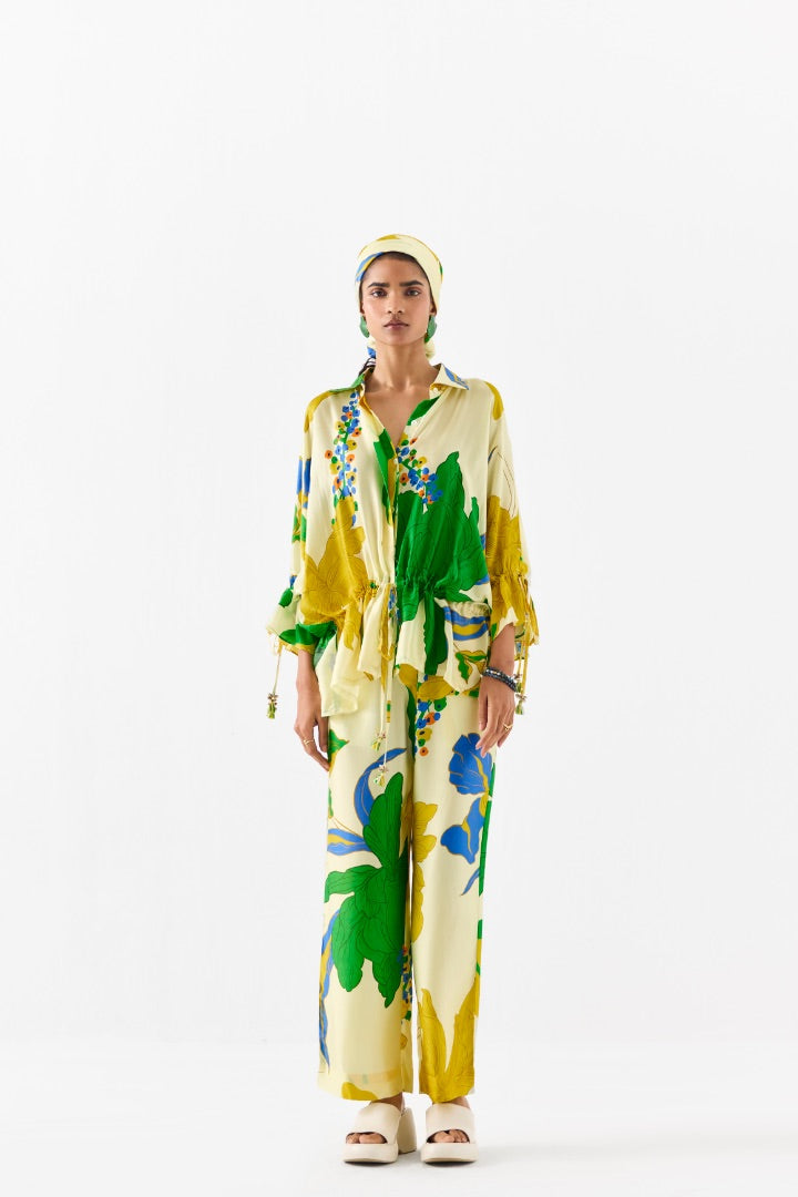 Yellow Rose Drawstring Shirt & Trousers Coord Set | Printed | Silk | Summer | travel | resort