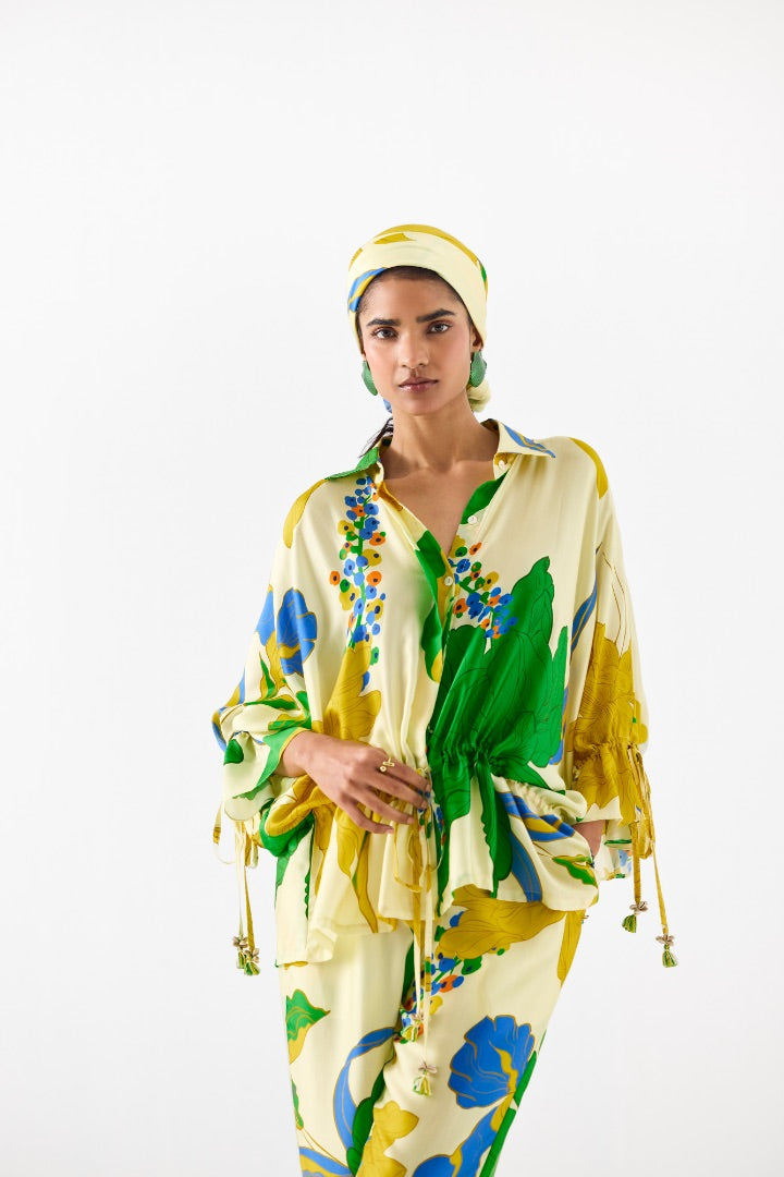 Yellow Rose Drawstring Shirt & Trousers Coord Set | Printed | Silk | Summer | travel | resort
