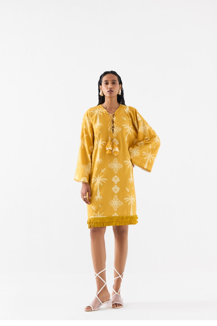 Yellow Palm Bell Sleeves Dress | Cotton | printed | summer | resort