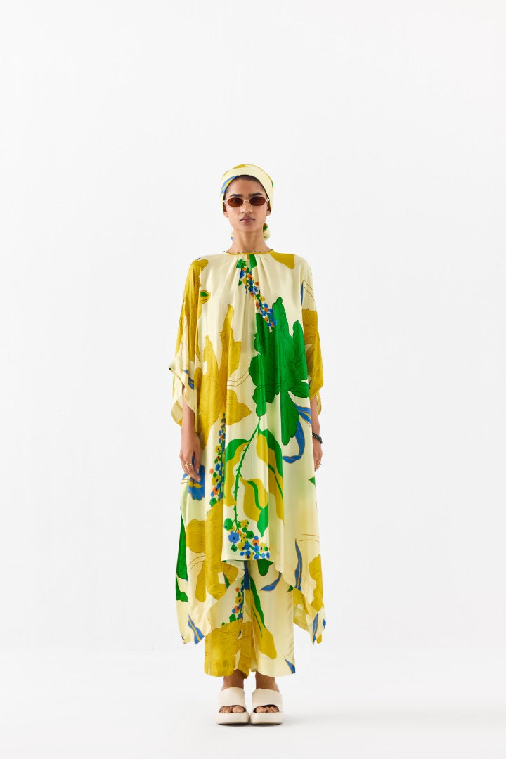 Yellow Rose Printed Kimono And Pants | Silk | Summer \ travel | resort 