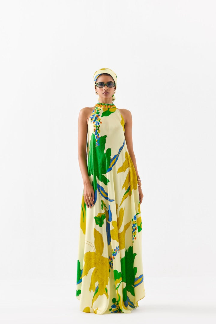 Yellow Rose Printed Halter Dress | Multicolour | Silk | Summer | Travel | Resort