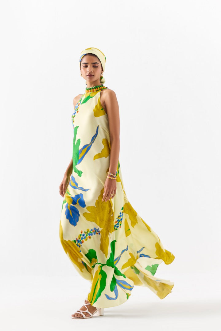 Yellow Rose Printed Halter Dress | Multicolour | Silk | Summer | Travel | Resort