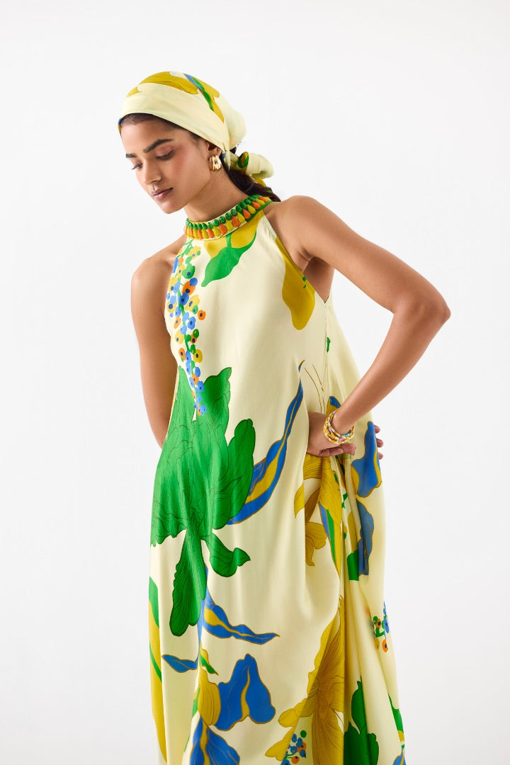 Yellow Rose Printed Halter Dress | Multicolour | Silk | Summer | Travel | Resort